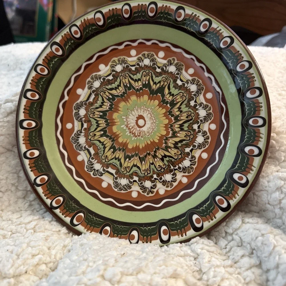 Vintage Bulgarian Troyan Red Ware Pottery Hand Painted Wall Plate 8.5